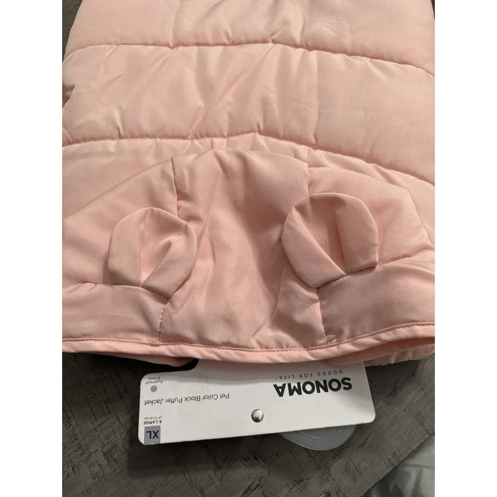 Sonoma Goods For Life Pet Puffer‎ Jacket Pink XL Dog Coat w/ Hood & Ears – New